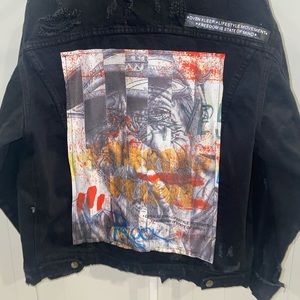 KLEEP distressed graphic denim jacket size M